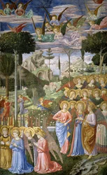 Engler i et himmelsk landskap, den høyre veggen til apsis, fra Journey of the Magi-syklus i kapellet, ca. 1460
